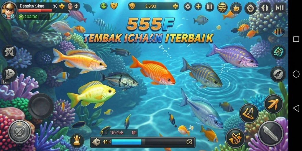 Tampilan gameplay seru dari 555F saat menembak ikan.