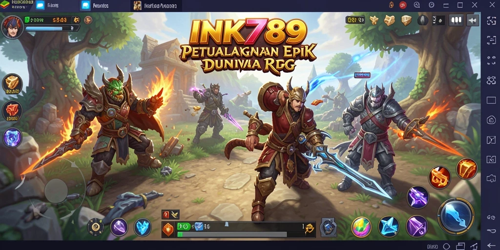 Screenshot gameplay INK789 menampilkan karakter di arena pertarungan yang epik.