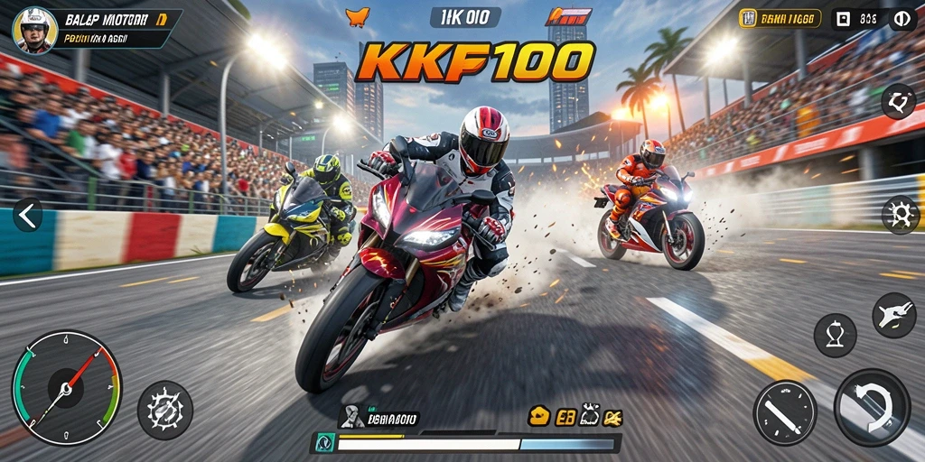 Screenshot KPK100 menampilkan aksi balapan motor yang mendebarkan.